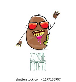 vector funny cartoon cute brown zombie potato character isolated on white background. My name is zombie potato vector concept halloween background. monster vegetable funky character