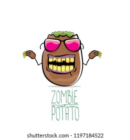 vector funny cartoon cute brown zombie potato character isolated on white background. My name is zombie potato vector concept halloween background. monster vegetable funky character