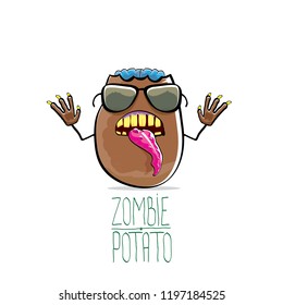 vector funny cartoon cute brown zombie potato character isolated on white background. My name is zombie potato vector concept halloween background. monster vegetable funky character