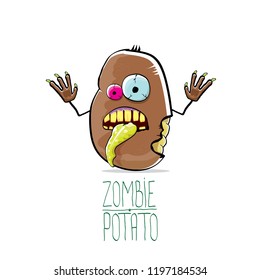 vector funny cartoon cute brown zombie potato character isolated on white background. My name is zombie potato vector concept halloween background. monster vegetable funky character