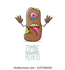 vector funny cartoon cute brown zombie potato character isolated on white background. My name is zombie potato vector concept halloween background. monster vegetable funky character