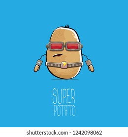 vector funny cartoon cute brown super hero cyborg potato with mask and gun isolated on blue background. My name is potato vector concept. super funky vegetable food character