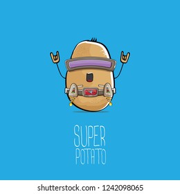 vector funny cartoon cute brown super hero cyborg potato with mask and gun isolated on blue background. My name is potato vector concept. super funky vegetable food character