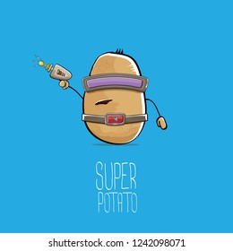vector funny cartoon cute brown super hero cyborg potato with mask and gun isolated on blue background. My name is potato vector concept. super funky vegetable food character