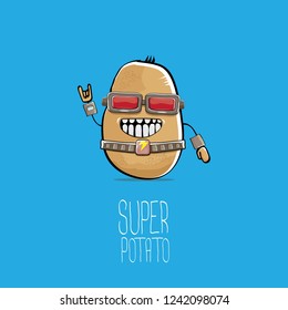 vector funny cartoon cute brown super hero cyborg potato with mask and gun isolated on blue background. My name is potato vector concept. super funky vegetable food character