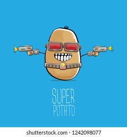 vector funny cartoon cute brown super hero cyborg potato with mask and gun isolated on blue background. My name is potato vector concept. super funky vegetable food character