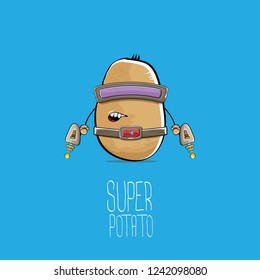 vector funny cartoon cute brown super hero cyborg potato with mask and gun isolated on blue background. My name is potato vector concept. super funky vegetable food character