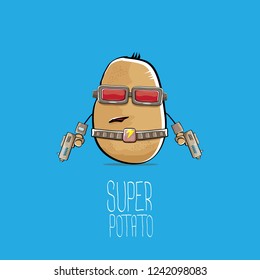 vector funny cartoon cute brown super hero cyborg potato with mask and gun isolated on blue background. My name is potato vector concept. super funky vegetable food character