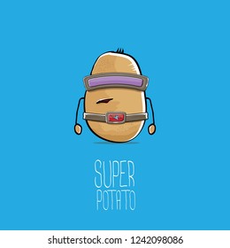 vector funny cartoon cute brown super hero cyborg potato with mask and gun isolated on blue background. My name is potato vector concept. super funky vegetable food character