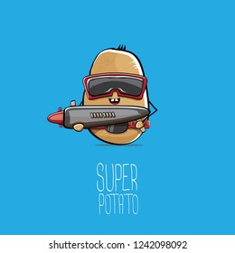 vector funny cartoon cute brown super hero cyborg potato with mask and gun isolated on blue background. My name is potato vector concept. super funky vegetable food character