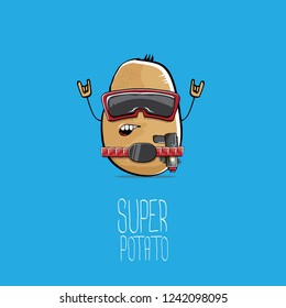 vector funny cartoon cute brown super hero cyborg potato with mask and gun isolated on blue background. My name is potato vector concept. super funky vegetable food character