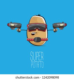 vector funny cartoon cute brown super hero cyborg potato with mask and gun isolated on blue background. My name is potato vector concept. super funky vegetable food character
