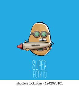 vector funny cartoon cute brown super hero cyborg potato with mask and gun isolated on blue background. My name is potato vector concept. super funky vegetable food character