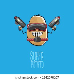 vector funny cartoon cute brown super hero cyborg potato with mask and gun isolated on blue background. My name is potato vector concept. super funky vegetable food character