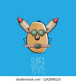 vector funny cartoon cute brown super hero cyborg potato with mask and gun isolated on blue background. My name is potato vector concept. super funky vegetable food character