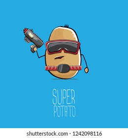 vector funny cartoon cute brown super hero cyborg potato with mask and gun isolated on blue background. My name is potato vector concept. super funky vegetable food character