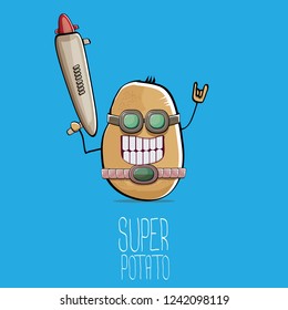vector funny cartoon cute brown super hero cyborg potato with mask and gun isolated on blue background. My name is potato vector concept. super funky vegetable food character