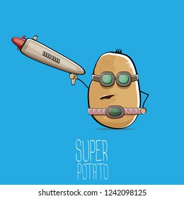 vector funny cartoon cute brown super hero cyborg potato with mask and gun isolated on blue background. My name is potato vector concept. super funky vegetable food character