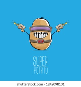vector funny cartoon cute brown super hero cyborg potato with mask and gun isolated on blue background. My name is potato vector concept. super funky vegetable food character