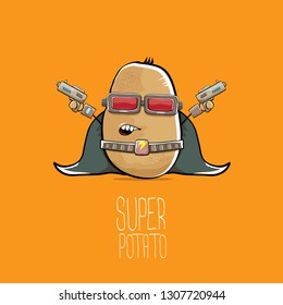 vector funny cartoon cute brown super hero potato with mask, hero cape and gun isolated on orange background. My name is potato vector concept. super funky vegetable food character