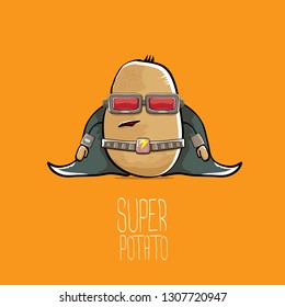 vector funny cartoon cute brown super hero potato with mask, hero cape and gun isolated on orange background. My name is potato vector concept. super funky vegetable food character