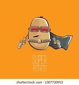 vector funny cartoon cute brown super hero potato with mask, hero cape and gun isolated on orange background. My name is potato vector concept. super funky vegetable food character