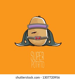 vector funny cartoon cute brown super hero potato with mask, hero cape and gun isolated on orange background. My name is potato vector concept. super funky vegetable food character