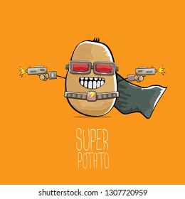 vector funny cartoon cute brown super hero potato with mask, hero cape and gun isolated on orange background. My name is potato vector concept. super funky vegetable food character