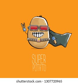 vector funny cartoon cute brown super hero potato with mask, hero cape and gun isolated on orange background. My name is potato vector concept. super funky vegetable food character