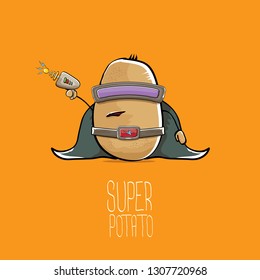 vector funny cartoon cute brown super hero potato with mask, hero cape and gun isolated on orange background. My name is potato vector concept. super funky vegetable food character