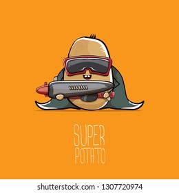 vector funny cartoon cute brown super hero potato with mask, hero cape and gun isolated on orange background. My name is potato vector concept. super funky vegetable food character