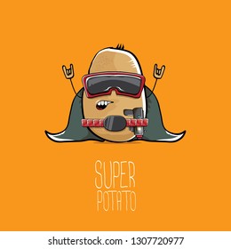 vector funny cartoon cute brown super hero potato with mask, hero cape and gun isolated on orange background. My name is potato vector concept. super funky vegetable food character