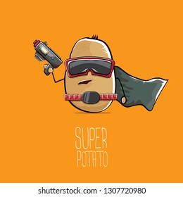 vector funny cartoon cute brown super hero potato with mask, hero cape and gun isolated on orange background. My name is potato vector concept. super funky vegetable food character