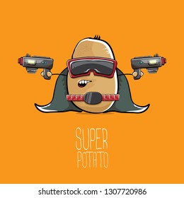 vector funny cartoon cute brown super hero potato with mask, hero cape and gun isolated on orange background. My name is potato vector concept. super funky vegetable food character