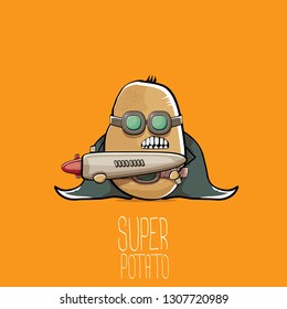 vector funny cartoon cute brown super hero potato with mask, hero cape and gun isolated on orange background. My name is potato vector concept. super funky vegetable food character