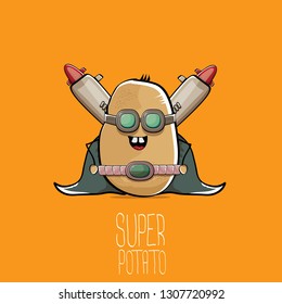 vector funny cartoon cute brown super hero potato with mask, hero cape and gun isolated on orange background. My name is potato vector concept. super funky vegetable food character