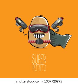 vector funny cartoon cute brown super hero potato with mask, hero cape and gun isolated on orange background. My name is potato vector concept. super funky vegetable food character