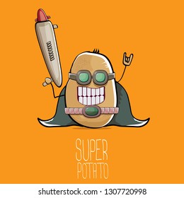 vector funny cartoon cute brown super hero potato with mask, hero cape and gun isolated on orange background. My name is potato vector concept. super funky vegetable food character