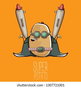 vector funny cartoon cute brown super hero potato with mask, hero cape and gun isolated on orange background. My name is potato vector concept. super funky vegetable food character