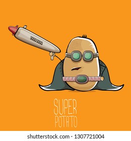 vector funny cartoon cute brown super hero potato with mask, hero cape and gun isolated on orange background. My name is potato vector concept. super funky vegetable food character