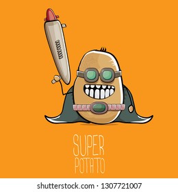vector funny cartoon cute brown super hero potato with mask, hero cape and gun isolated on orange background. My name is potato vector concept. super funky vegetable food character
