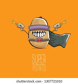 vector funny cartoon cute brown super hero potato with mask, hero cape and gun isolated on orange background. My name is potato vector concept. super funky vegetable food character