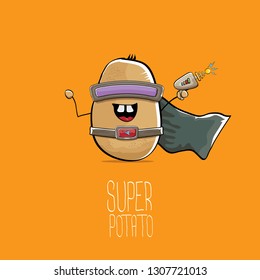 vector funny cartoon cute brown super hero potato with mask, hero cape and gun isolated on orange background. My name is potato vector concept. super funky vegetable food character