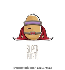 vector funny cartoon cute brown super hero potato with mask, red hero cape and gun isolated on white background. My name is potato vector concept. super funky vegetable food character 