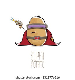 vector funny cartoon cute brown super hero potato with mask, red hero cape and gun isolated on white background. My name is potato vector concept. super funky vegetable food character 