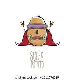 vector funny cartoon cute brown super hero potato with mask, red hero cape and gun isolated on white background. My name is potato vector concept. super funky vegetable food character 