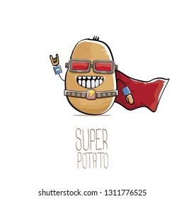 vector funny cartoon cute brown super hero potato with mask, red hero cape and gun isolated on white background. My name is potato vector concept. super funky vegetable food character 