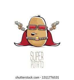 vector funny cartoon cute brown super hero potato with mask, red hero cape and gun isolated on white background. My name is potato vector concept. super funky vegetable food character 