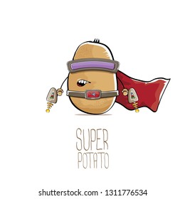 vector funny cartoon cute brown super hero potato with mask, red hero cape and gun isolated on white background. My name is potato vector concept. super funky vegetable food character 