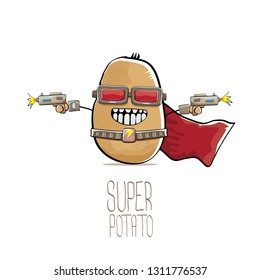 vector funny cartoon cute brown super hero potato with mask, red hero cape and gun isolated on white background. My name is potato vector concept. super funky vegetable food character 